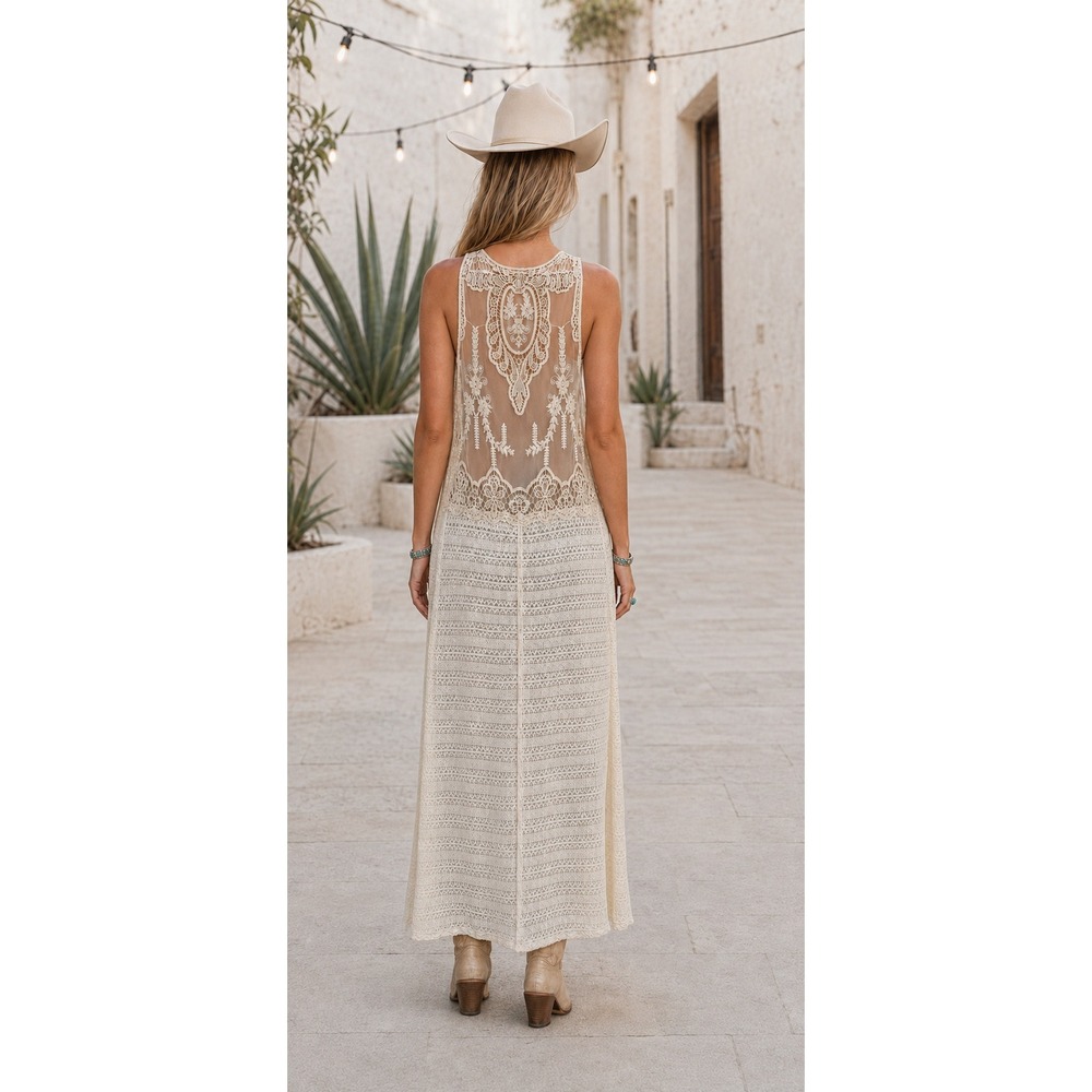 Lace Back Longline Vest Womens M Cream Boho Layering Festival Western Nashville